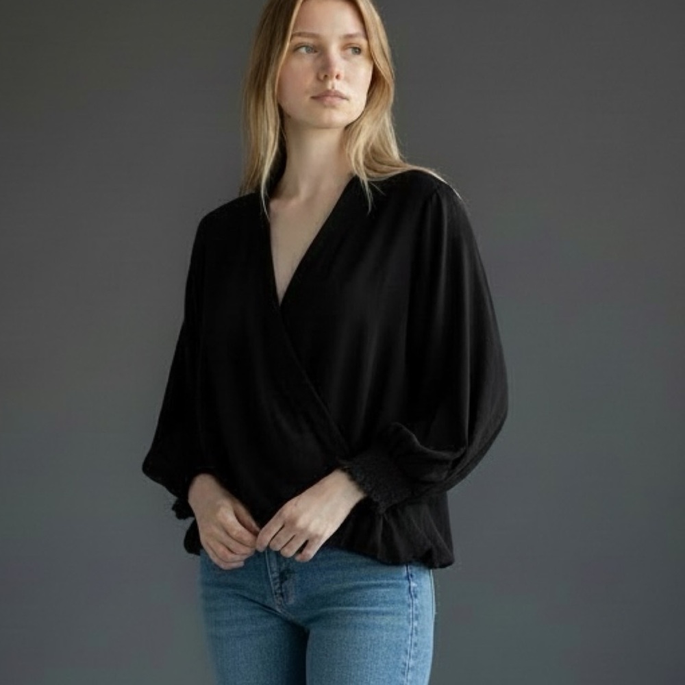 ❤️ Alfani Black Crepe Draped Kimono Sleeve Minimalist Blouse